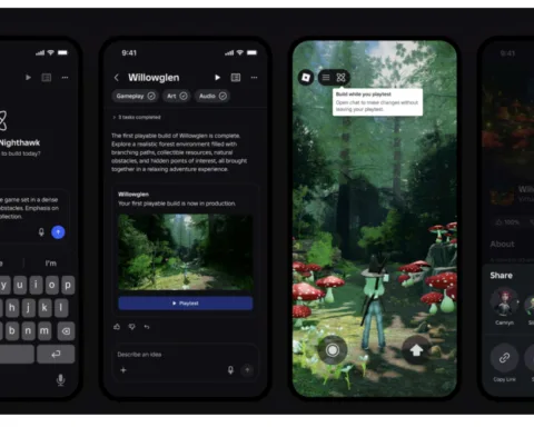 Tangkapan layar fitur Build di platform Roblox, menunjukkan perintah teks dari pengguna yang sedang diproses AI menjadi lingkungan gim 3D berwujud hutan.